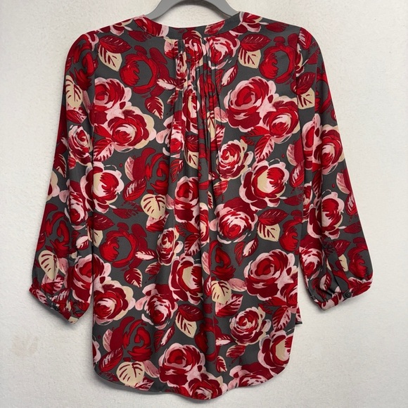 NYDJ PXS Floral Blouse Rose 3/4 Sleeve Button Down Red Gray - Picture 2 of 7